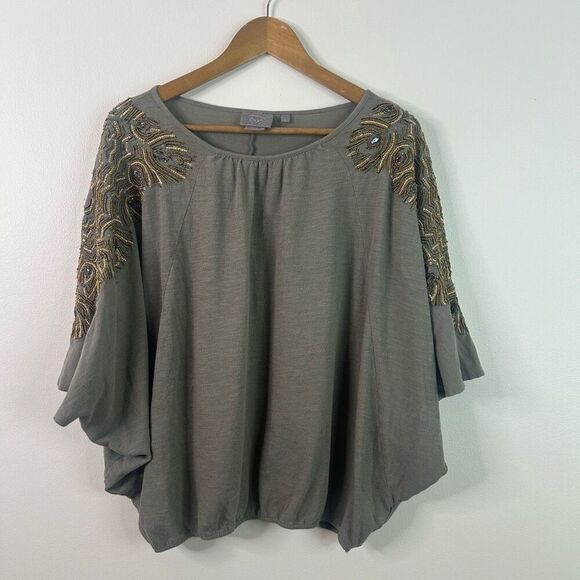 Vanessa Virginia M/L Gray Beaded Batwing Top Boho Embellished Cotton Glam - Picture 1 of 13